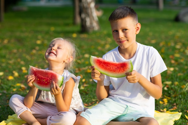 Aux enfants mignons lttle garçon et fille mangeant de la pastèque juteuse dans la prairie du parc en automne.