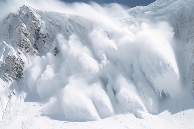 Avalanche en cascade de neige et de glace dévalant les sommets des montagnes