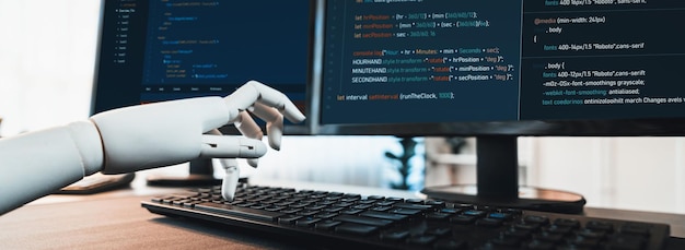 Avance technologique futuriste de l'IA générative générant du code pour le développement de logiciels dans le concept d'automatisation Main robotique écrivant du code sur un ordinateur Trailblazing