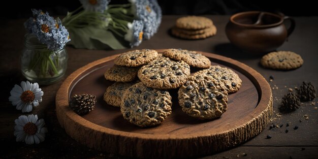 Avant et au centre sur un plateau en bois biscuits d'avoine au cumin noir