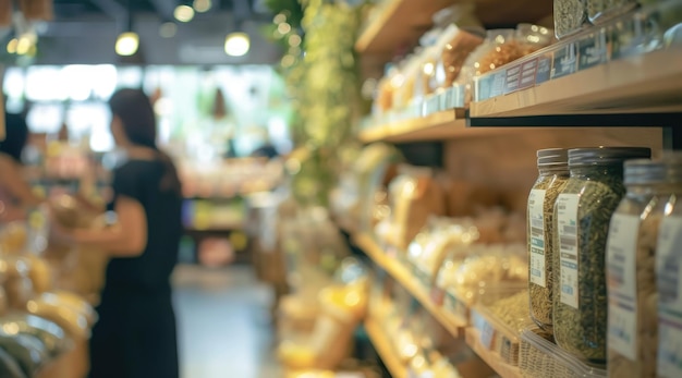 Avant-plan flou de l'intérieur dans un magasin zéro déchet Clients achetant des produits secs