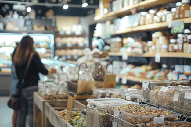 Avant-plan flou de l'intérieur d'un magasin zéro déchet Clients achetant des marchandises sèches et des produits en vrac