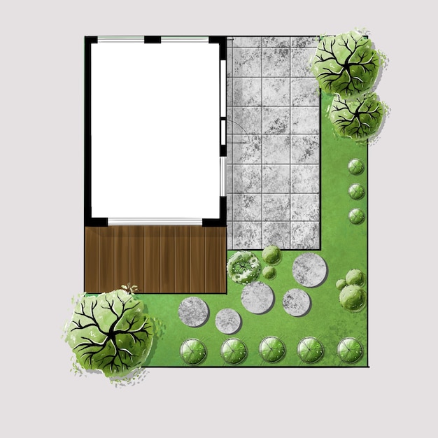 Photo avant-projet d'une zone suburbaine avec une maison plan d'implantation plan d'aménagement paysager