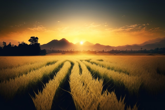 Avant la récolte du champ de riz paddy avec un lever de soleil en toile de fond