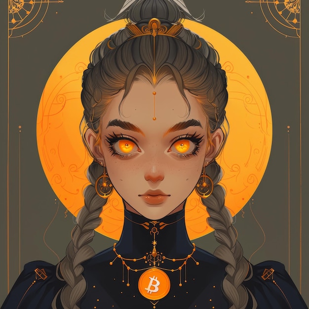 Photo avatar dessiné d'une femme magique basé sur le concept de crypto-monnaie nft metaverse