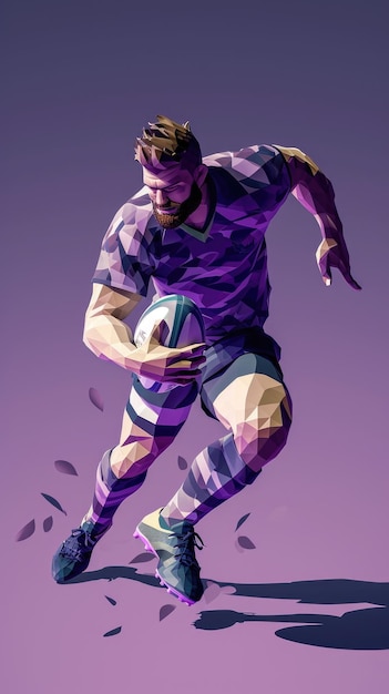 Avatar numérique de dessin animé d'un joueur de rugby polyvalent et dynamique dans un rugby de camouflage violet et gris