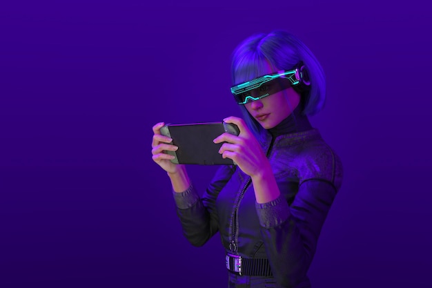 Avatar numérique jouant au jeu dans le rendu 3d du monde virtuel métaverse