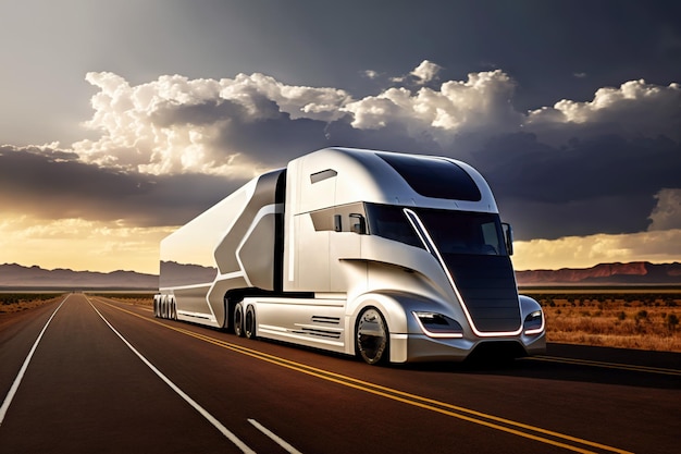 L'avenir du camion de transport autonome sans conducteur naviguant sur l'autoroute dans le désert Generative AI