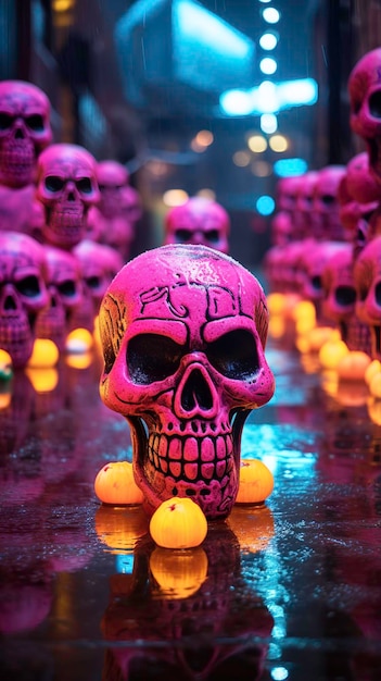 un avenir dystopique où les rues éclairées au néon sont ornées d’étranges citrouilles crâne d’Halloween