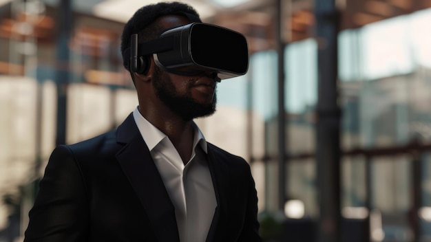 L'avenir maintenant un homme d'affaires explore des mondes virtuels avec un casque VR élégant dans un cadre moderne