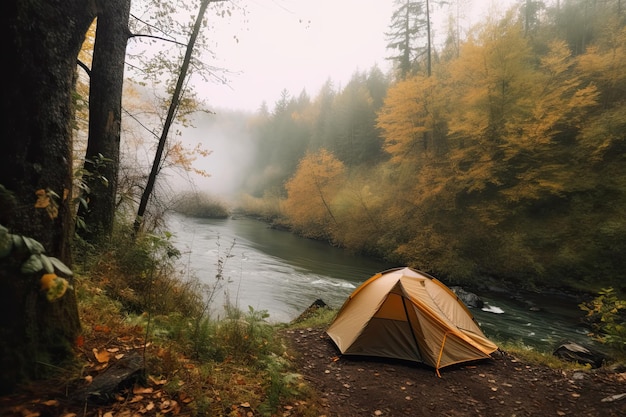 L'aventure attend une tente au bord d'un ruisseau dans un campement sauvage