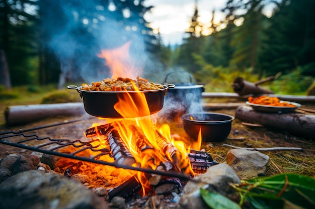 Aventure de cuisine en plein air poêle de camping portable en action flammes dansant sous un pot robuste