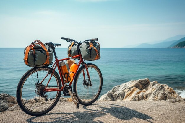 Photo l'aventure cycliste côtière voyage avec des sacs par la mer