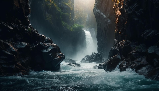 Aventure dans la forêt majestueuse Roches humides Eau courante Terrain extrême généré par l'IA