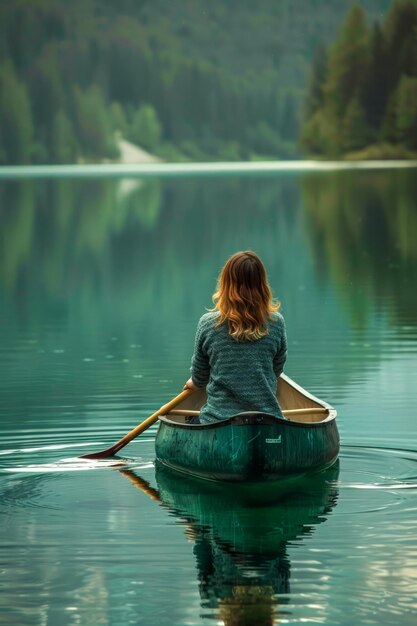 Photo l'aventure du lac serene un voyage calme et réfléchi en canoë en solo dans la nature vierge