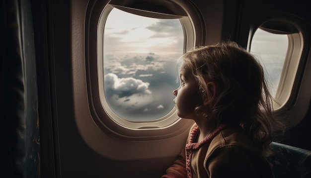 Aventure d'enfance volant haut en regardant la beauté du coucher du soleil générée par l'IA