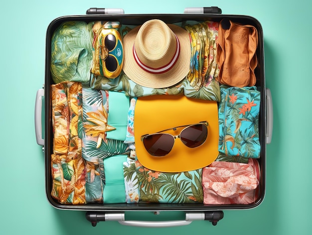 Une aventure d'été vue de haut d'une valise orange