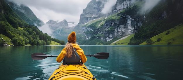 L'aventure de l'expédition aquatique en kayak glissant à travers le lac serein attend l'intelligence artificielle générative