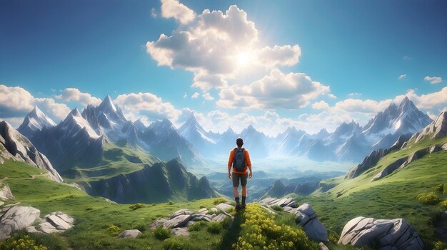 L'aventure de l'homme dans le papier peint de montagne Symbole d'exploration en plein air Illustration d'homme aventureux Mont