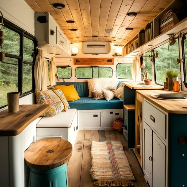 Aventure mobile Une image générée par AI d'un intérieur de camping-car confortable prêt pour les voyages en voiture