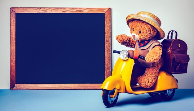 L'aventure nostalgique d'un écolière, un ours en peluche rétro et un scooter à pédales vintage capturent le charme