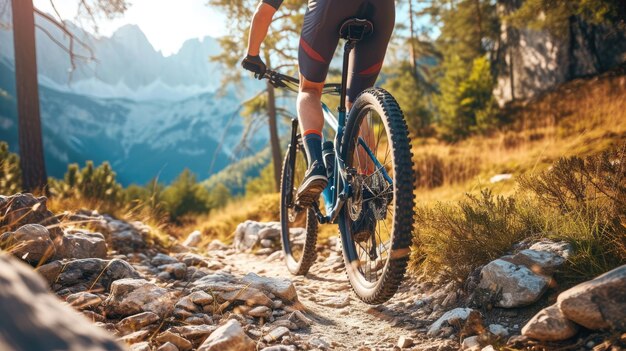 Aventure palpitante Un cycliste de montagne parcourt un sentier rocheux en maîtrisant le terrain de montagne