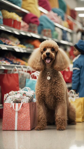 L'aventure de shopping majestueuse du caniche de la royauté dans des boutiques exclusives