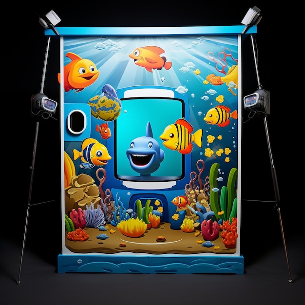 Aventure sous-marine animée en dessin animé dans un cadre photobooth