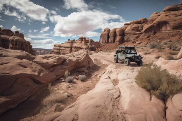 Aventure tout-terrain avec des formations rocheuses en arrière-plan créées avec une IA générative