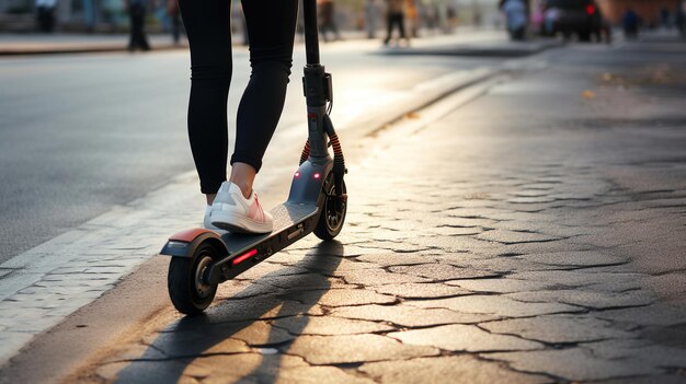 Aventure urbaine Une fille inconnue avec des baskets blanches sur un scooter électrique IA générative