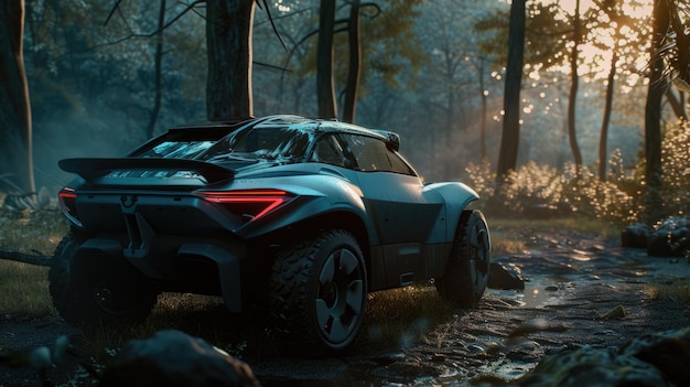 Aventure de véhicule tout-terrain futuriste dans la forêt brumeuse