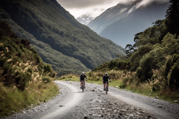 Aventure à vélo Deux cyclistes faisant du vélo à travers des routes panoramiques entourées de montagnes et d'arbres Generative Ai