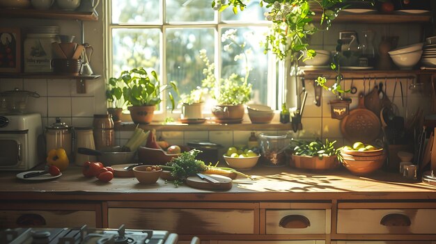 Les aventures de la cuisine délicieuse Les délices de la cuisine éclairée par le soleil