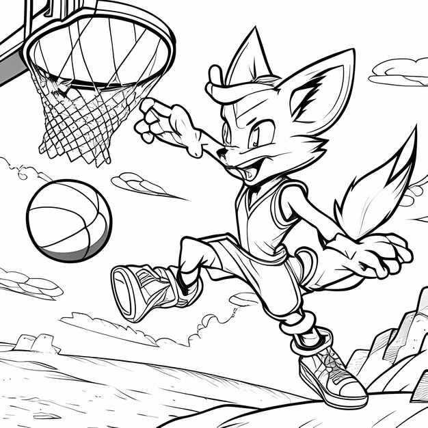 Photo aventures sportives étonnantes 4k dessins animés fox jouant au basket-ball page de coloriage