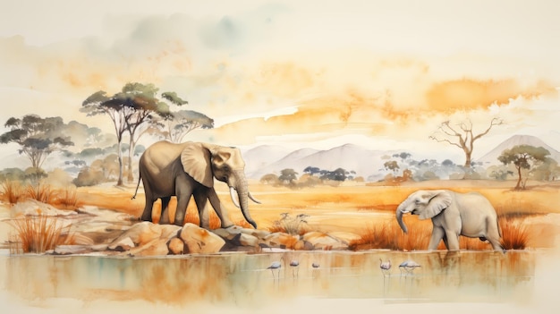 Photo aventureux, un paysage de safari avec des animaux et des peintures à l'aquarelle de savane