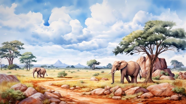 Aventureux, un paysage de safari avec des animaux et des peintures à l'aquarelle de savane