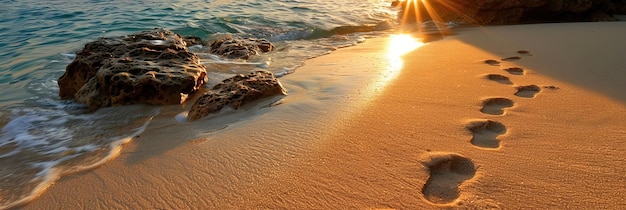 Un aventurier en solo se promène le long d'une plage déserte. Les traces de pas sont la seule preuve de leur voyage.