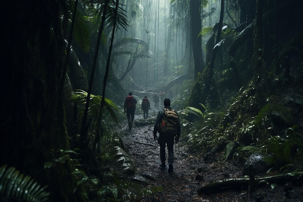 Des aventuriers en randonnée dans une jungle dense