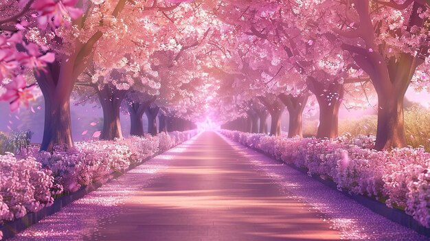 L'avenue bordée d'arbres à fleurs roses