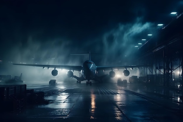 Avion à l'aéroport la nuit sous la pluie Réseau de neurones généré par l'IA