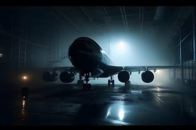 Avion à l'aéroport la nuit sous la pluie Réseau de neurones généré par l'IA