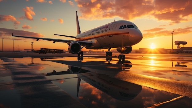 Avion à l'aéroport à sunsetgenerative ai