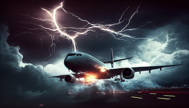 Avion AI génératif volant dans un orage électrique avec des éclairs et un ciel sombre et brumeux