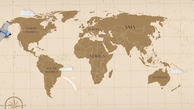 Avion d'animation volant sur la carte du monde vintage laissant une trace derrière Voyage dans le monde transport de vacances expédition Animation de mouvement