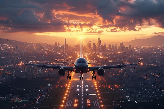 un avion à l'atterrissage avec un style de photographie contemporain