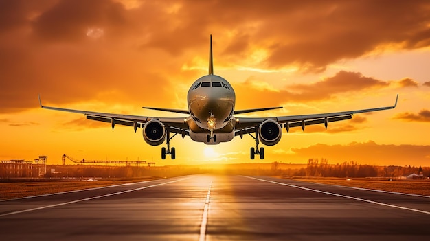 Un avion atterrissant contre un ciel doré au coucher du soleil Un avion de passagers volant dans la lumière du coucher du Soleil