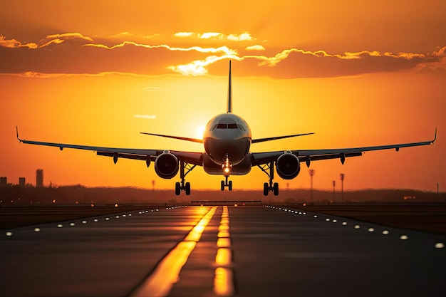 Un avion au coucher du soleil décolle ou atterrit sur la piste à l'heure d'or