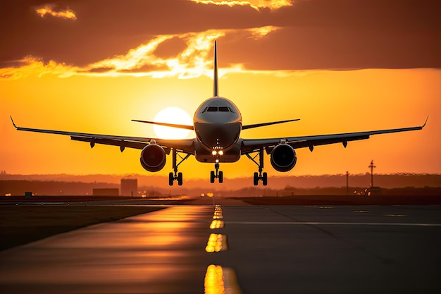 Un avion au coucher du soleil décolle ou atterrit sur la piste à l'heure d'or