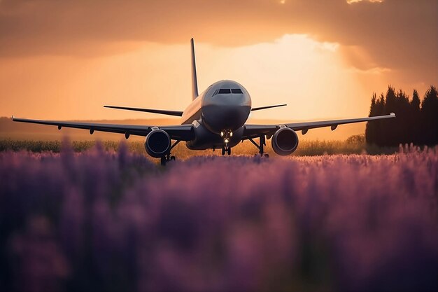 avion au coucher du soleil IA générative