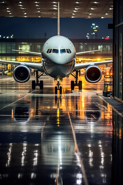 un avion blanc est sur la piste avec les lumières allumées